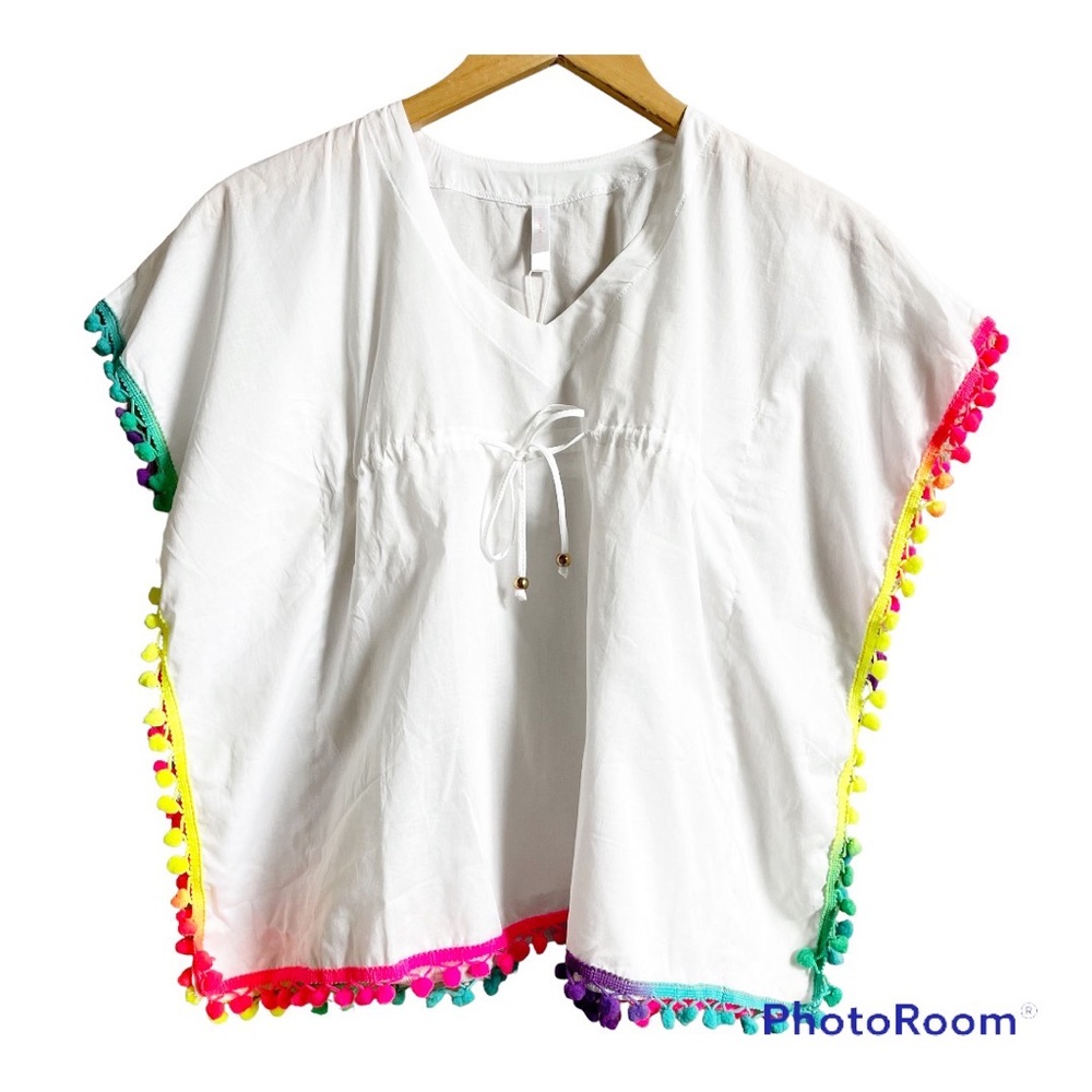 Pilyq Girls Cotton Candy Pom Pom Poncho Swim Coverup Size 2T Bohemian Colorful